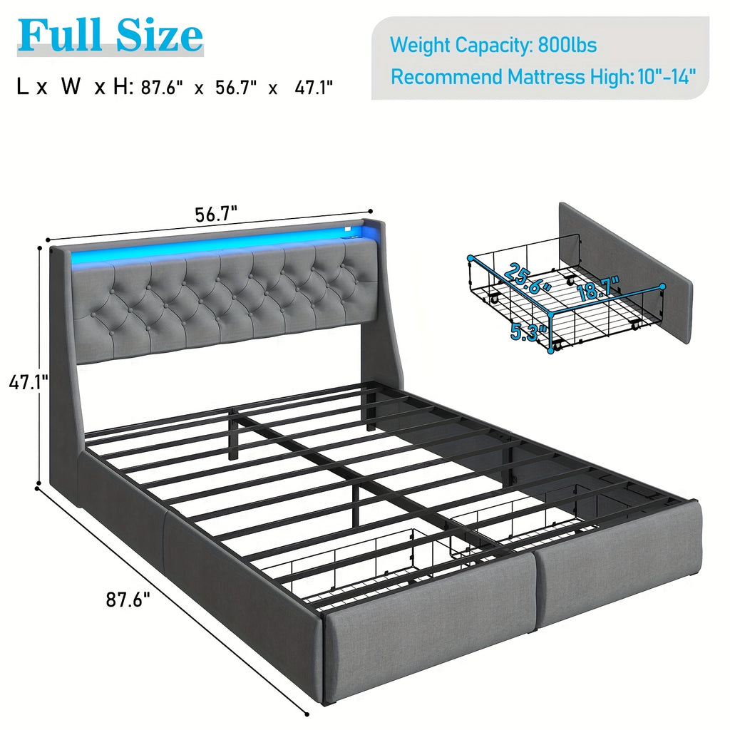 Queen Bed Frame with 2 Storage Drawers And Luxury Wingback Upholstered Button Tufted Storage Headboard, Charging Station, Storage Headboard And LED Lights/Noise-Free/Grey