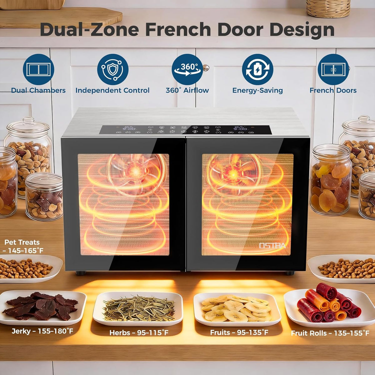 Dual Zone Food Dehydrator, 20 Stainless Steel Trays, 1300W Dual Layer Food Dryer with Recipe, 180°F Adjustable Temp, 48H Digital Timer, 10 Presets for Jerky, Meat, Fruit, Herbs