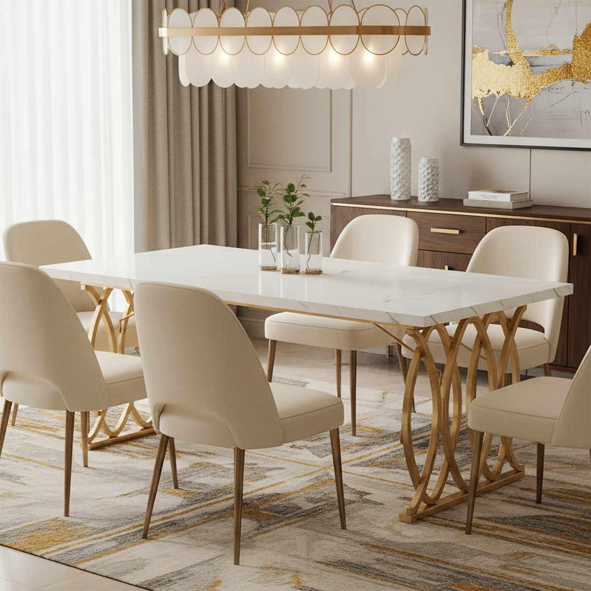 Modern Dining Table, 63" Large Kitchen Table for 4-6 People, Unique Rectangular Dinner Table Kitchen & Dining Room Furniture with Faux Marble Tabletop And Geometric Legs