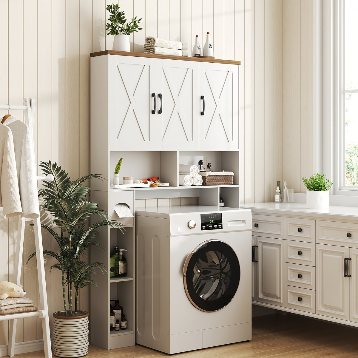 Over-The-Toilet Storage Cabinet with 3 Barn Doors - Farmhouse -Standing Bathroom Organizer, Space-Saving Suitable for Bathroom, Restroom, Laundry Room, Shelves, Toilet Paper Holder & Towel Rack, Assembly Required ( Color:)