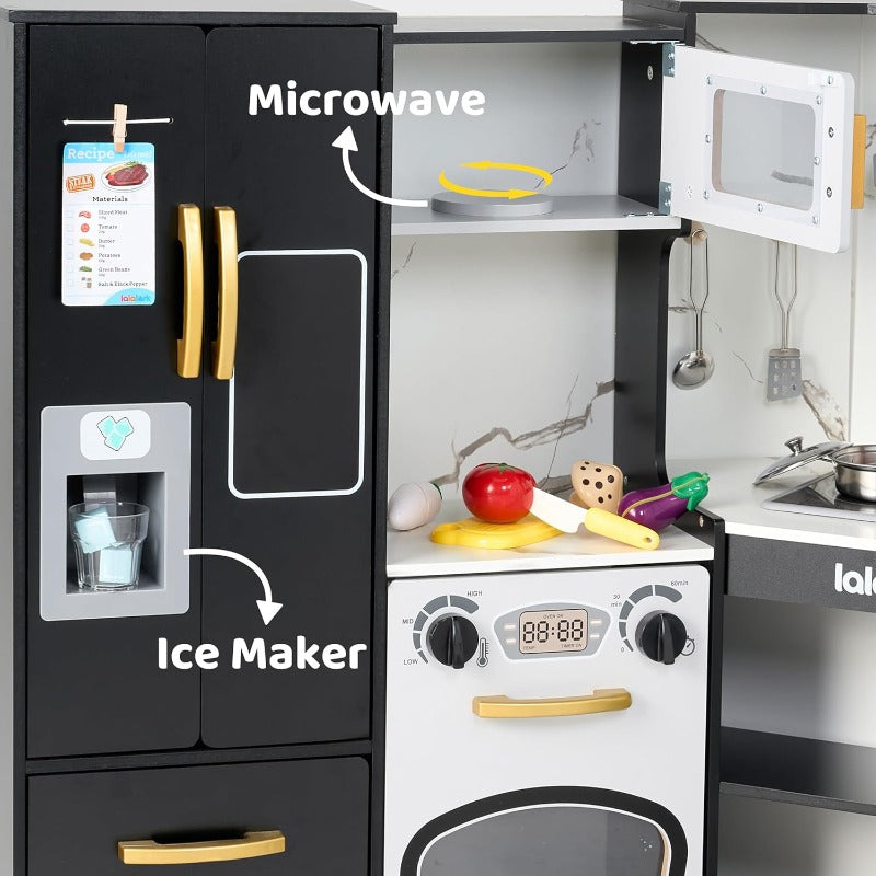 SYNCFUN Wooden Corner Kitchen for Playset with Fake Food Toys, Real Lights And Sounds, Double-Door Fridge, Ice Maker And Cookware Additions, Play Kitchen Set for Kids, Multi-Item Party Favor Packs for Children