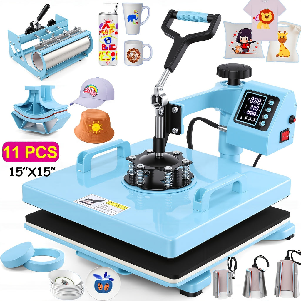 11pcs 8-in-1 - 15"x15"/12"x15" Heat Press Set for T-Shirts, Bags, Pillows, Hats, Beanies, Roller - 12"x10" T-Shirt Machine(Weight 25.35 Lbs) & 15"x15" Auto Single-Workbench & 15"x15" Auto Dual-Workbench Heat Press Only for Cloth, Shirts, Canvas Bags
