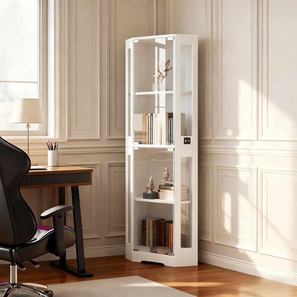 Office Bookshelf with Corner, 4-layer Glass Storage Display Cabinet, with Three LEDs and Human Body Sensor, Can Store Figures, Books, Documents, Medals, Suitable for Living Room, Bedroom, Office