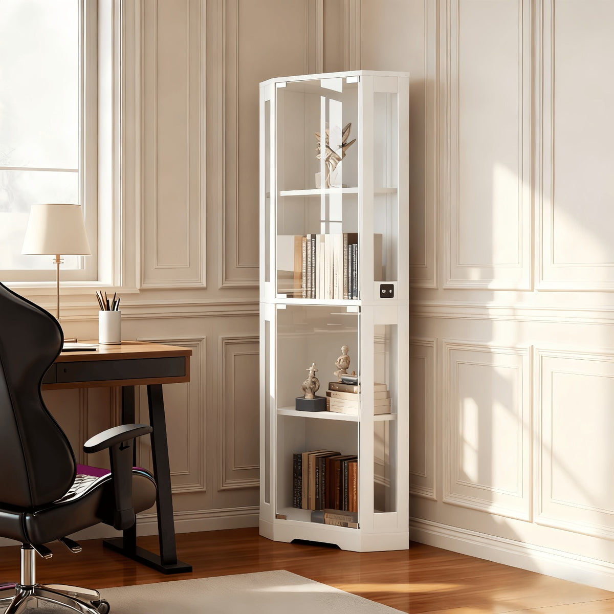 Office Bookshelf with Corner, 4-layer Glass Storage Display Cabinet, with Three LEDs and Human Body Sensor, Can Store Figures, Books, Documents, Medals, Suitable for Living Room, Bedroom, Office