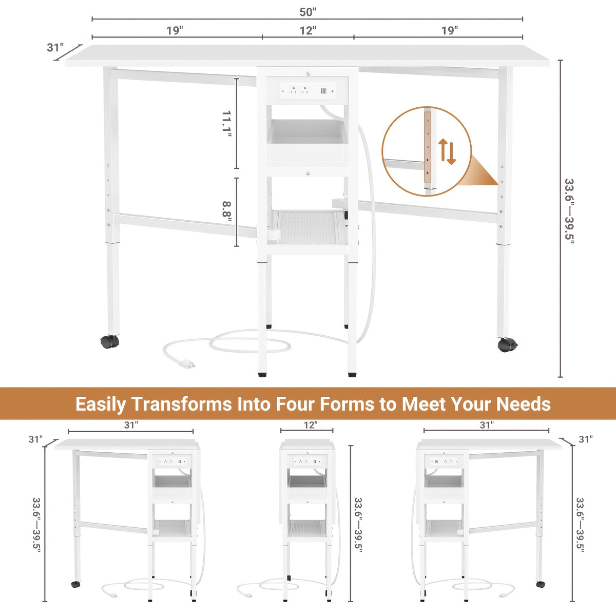 50" Foldable Sewing Cutting Table with Charging Station | Height Adjustable, Metal Frame, Storage Space, Suitable for Sewing and Craft Rooms, Mixed Color, ISUNIRM