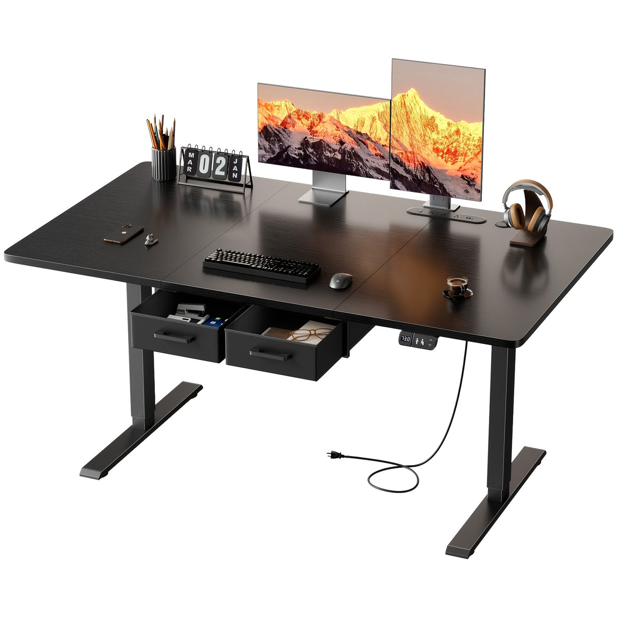 Electric Standing Desk with Dual Drawers and Built-In Power Panel for Home Offices and Gaming Setups