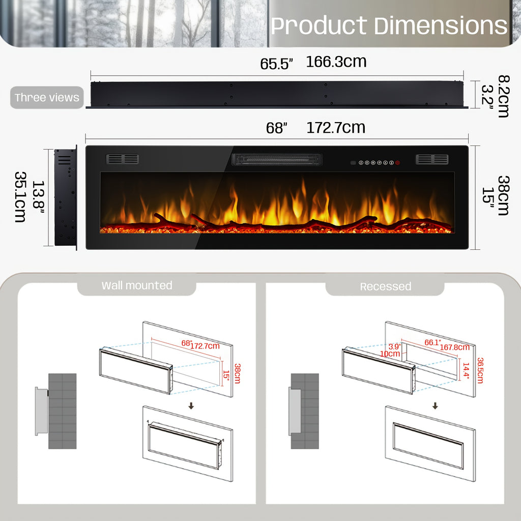 50/60/68/72 Inch Electric Fireplace, Recessed And Wall Mounted Fireplace, Fireplace Heater with Remote Control, Linear, Ultra-Thin Fireplace Heater with 12 Adjustable Flame Color, Log & Crystal Options, 750/1500W