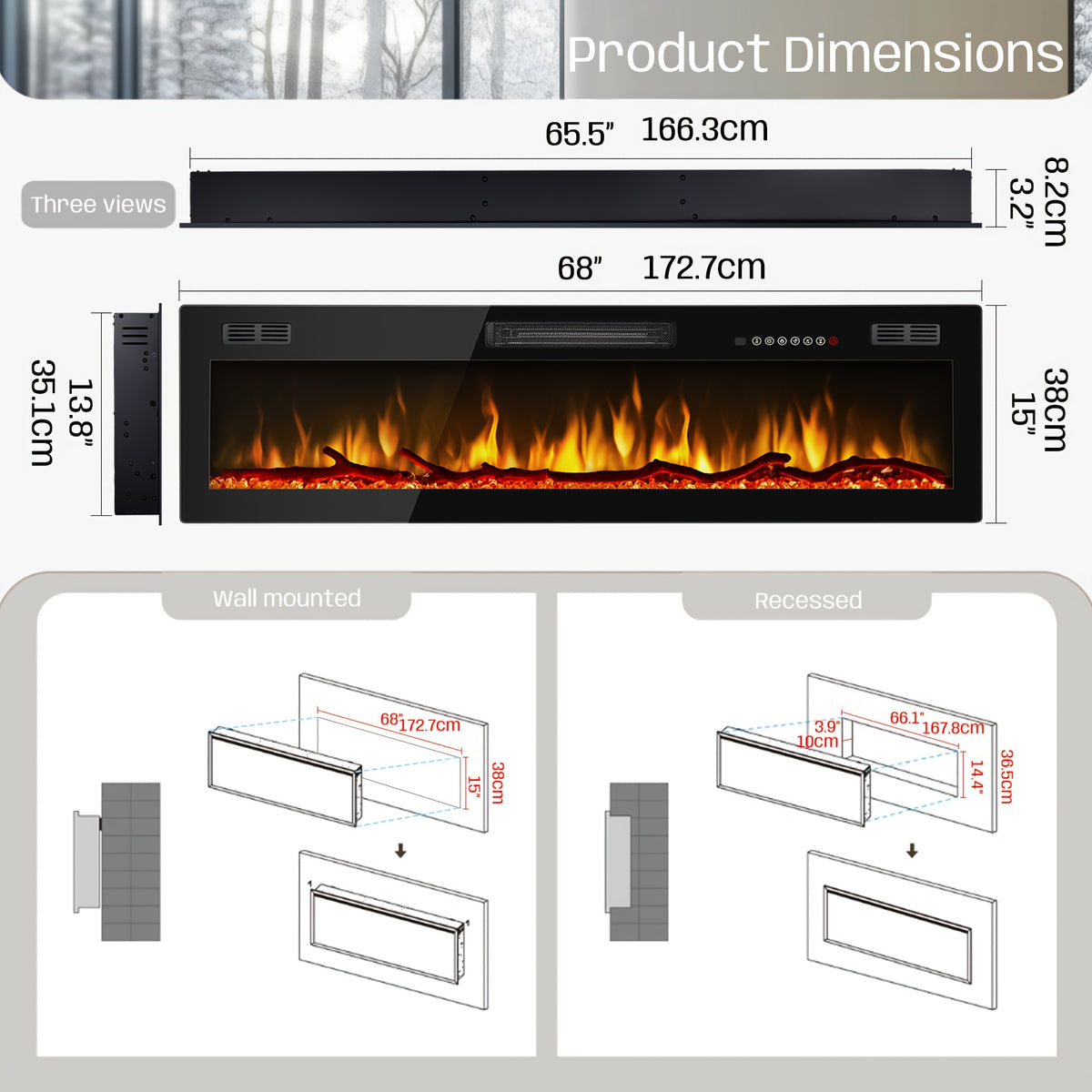 50/60/68/72 Inch Electric Fireplace, Recessed And Wall Mounted Fireplace, Fireplace Heater with Remote Control, Linear, Ultra-Thin Fireplace Heater with 12 Adjustable Flame Color, Log & Crystal Options, 750/1500W
