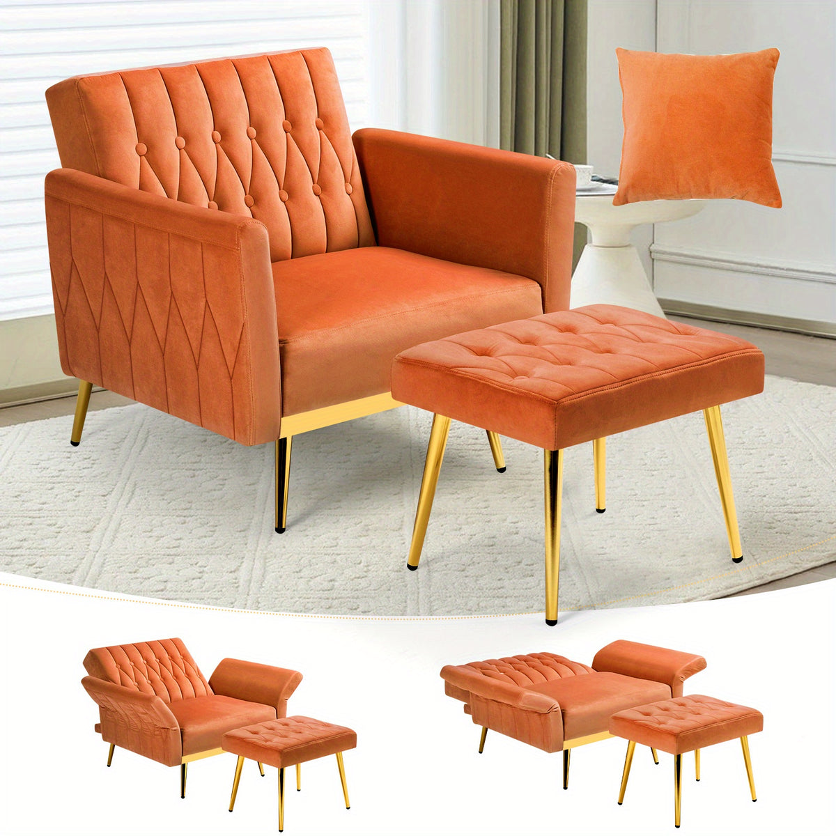 ACMEASE 31.5 Inch Velvet Adjustable Accent Chair with Ottoman & Pillow, Tufted Single Sofa Chair with Golden Metal Legs for Living Room