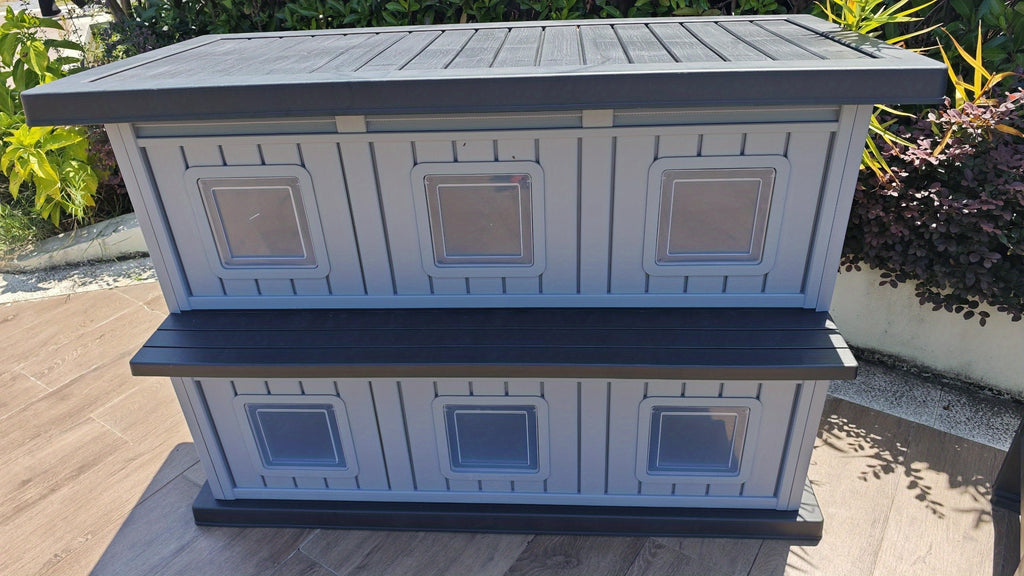 Double-Layer Stray Cat House - 2-Story Outdoor/ Cat Shelter with Large Cozy Space, Multiple Small Windows for Ventilation, Easy Assembly Solid Structure, Gray-Black for stray & feral cats (No Required)