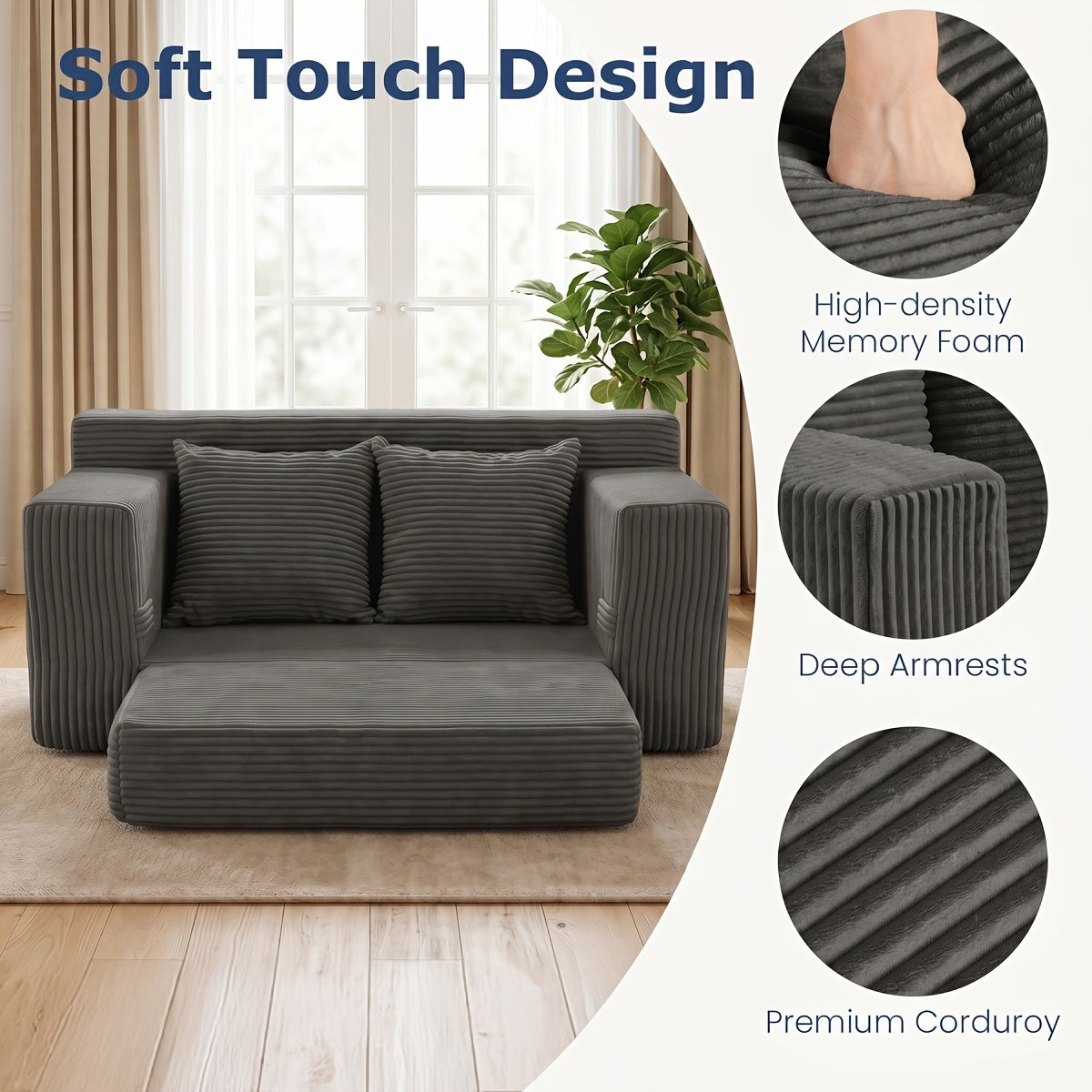 Boneless Couch Loveseat Sleeper, Convertible Sofa Bed Folding Couch Bed Foldable, 2 in 1 Boneless Chair And Futon Sofa Bed, Small Pull Out Sofa with 4 Pillows No Assembly, Compression Packing
