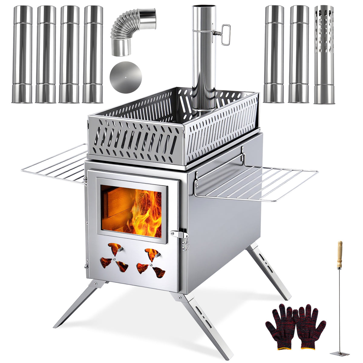Wood Burning Sauna Hot Tent Stove, 2 in 1 Tent Wood Burning Stove with Chimney Pipe for Outdoor Camping Heating