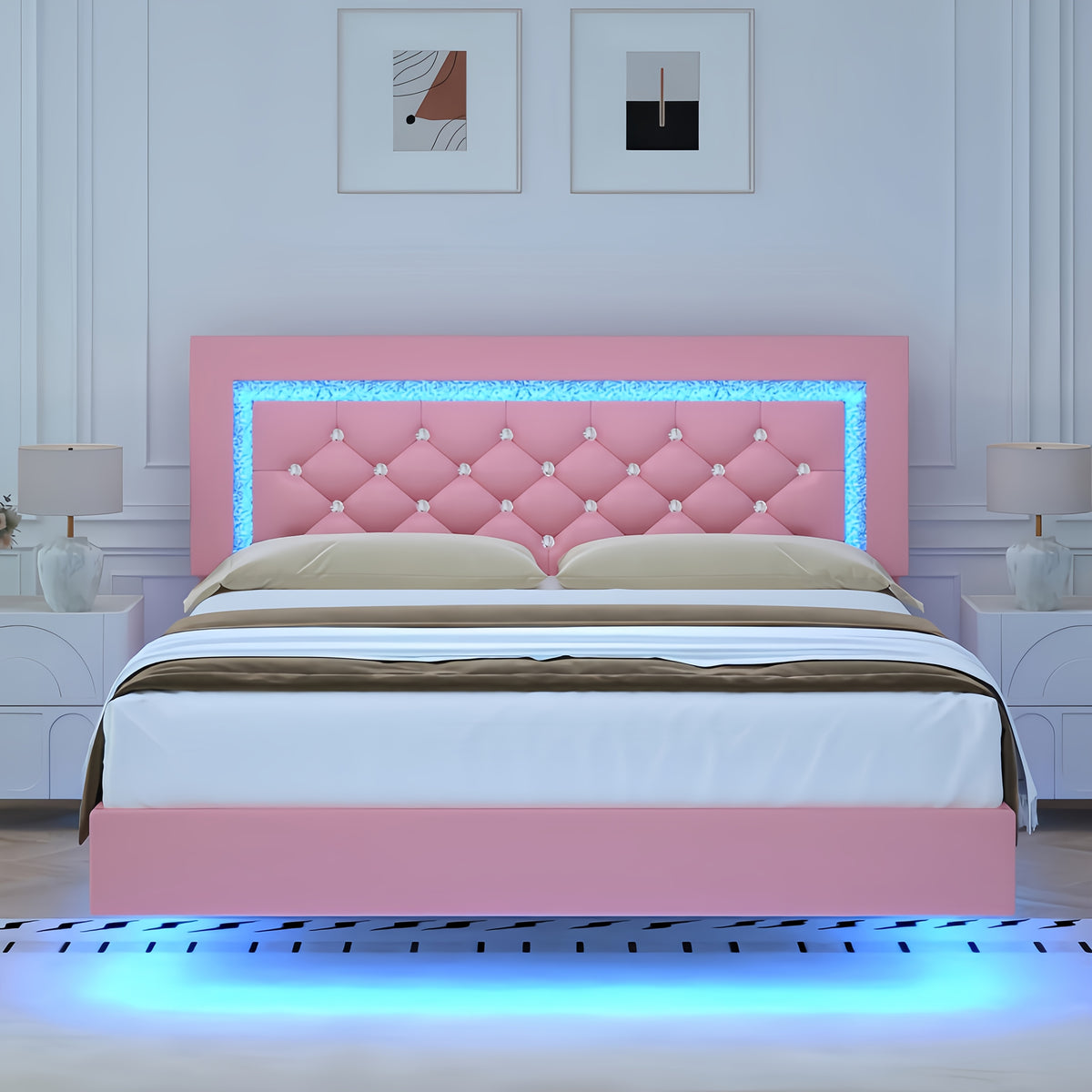 Twin Full Queen King Size Floating Black/White/Pink Bed Frame with LED Lights, Platform Bed with Diamond Tufted Headboard, Wood Bed Frame, Bed Frame Queen Size No Box Spring Needed, Noise Free, Easy Assembly, Black/White/Pink