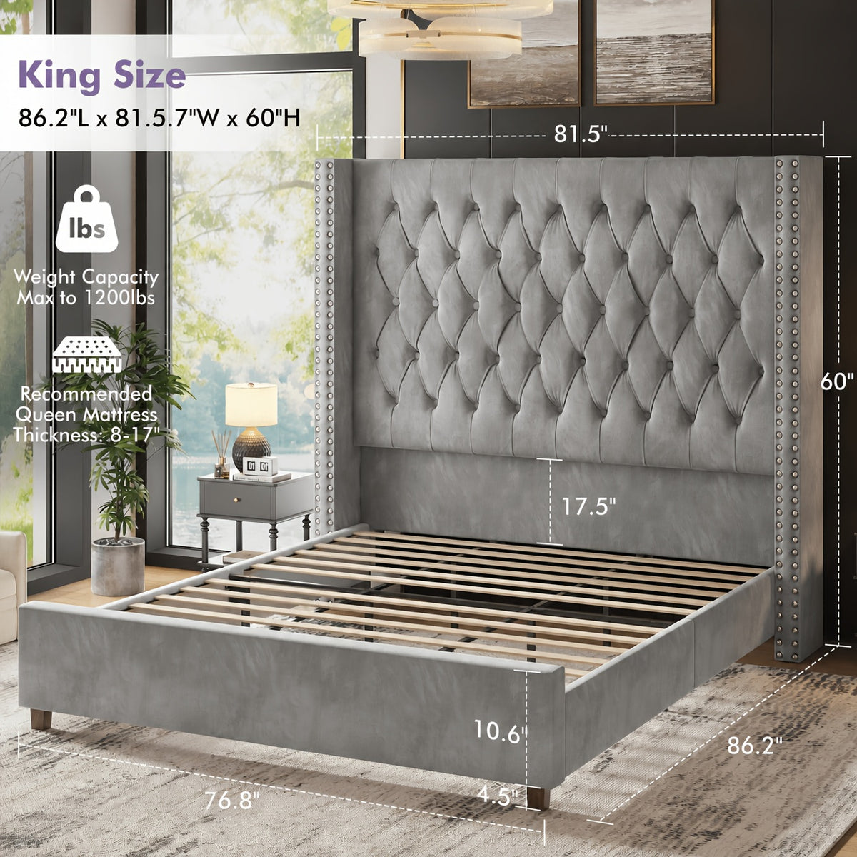 LUXOAK 60 Inch Tall Velvet Bed Frame With Tufted Wingback Headboard, Solid Wood Legs And Slat Support, No Box Spring Needed
