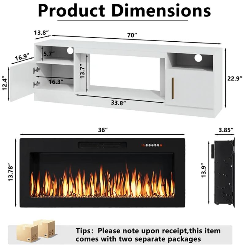 70“ Fireplace TV Stand with 36" Electric Fireplace Up to 80" TVs, Led Entertainment Center with High Glossy Doors, Modern Wood Media TV Console for Living Room