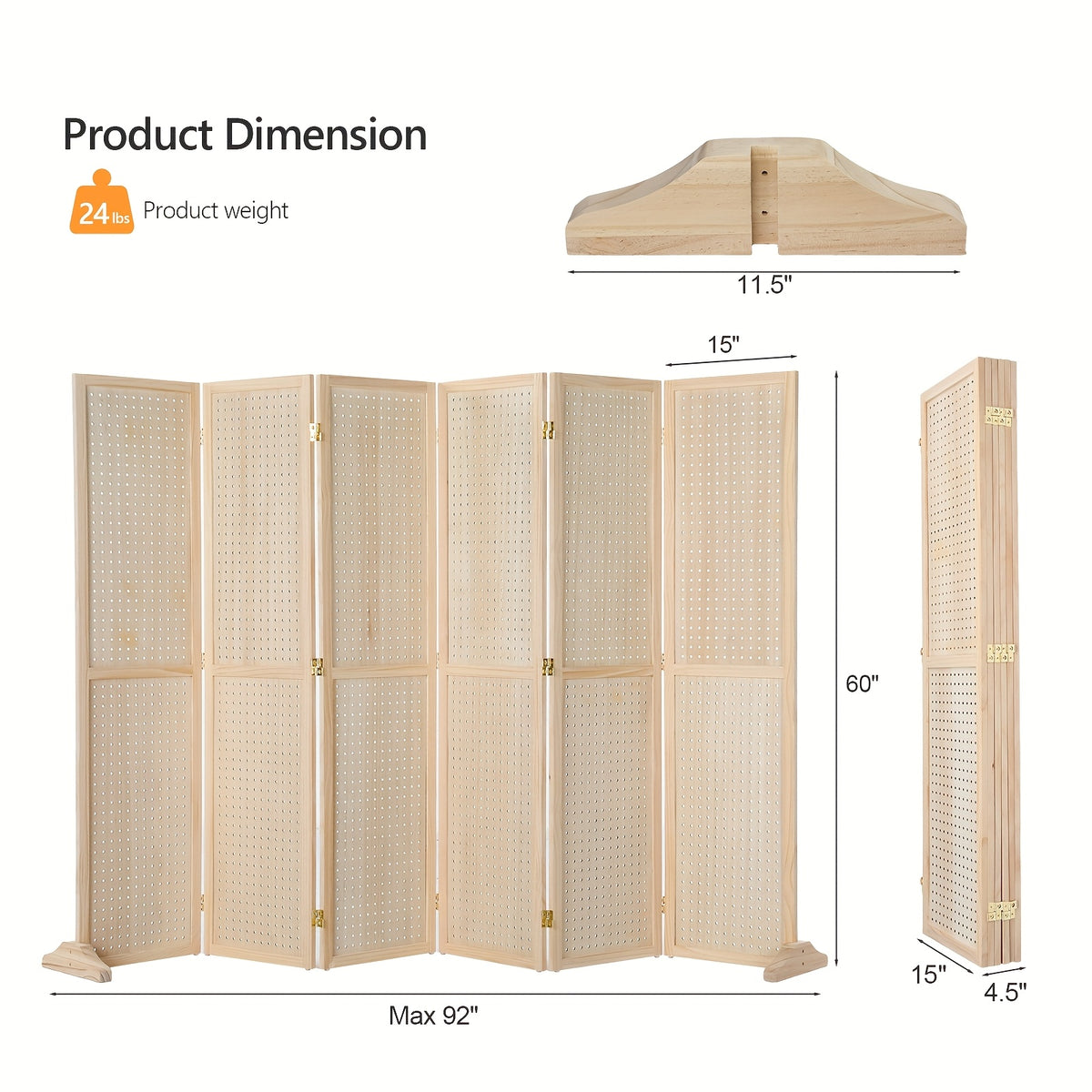 Heavy-Duty Freestaggng Pegboard Room Divider - Folding Privacy Screen Partition with Sturdy Feet, Natural Wood Finish - for Home, Office, Retail Displays, Events - Space-Saving Organizer & Decorative Partition Panel, Event Partition, Versatile Display Boa
