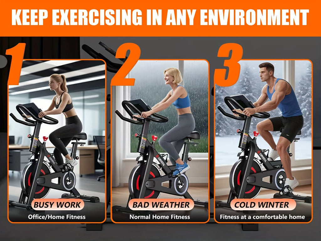 CRYSTAL FIT Indoor Exercise Bike, Cycling Bike Plus Magnetic Resistance/Brake Pad Stationary Bike with Tablet Holder LCD Monitor 300lbs Weight Capacity &Upgraded Comfortable Seat Cushion