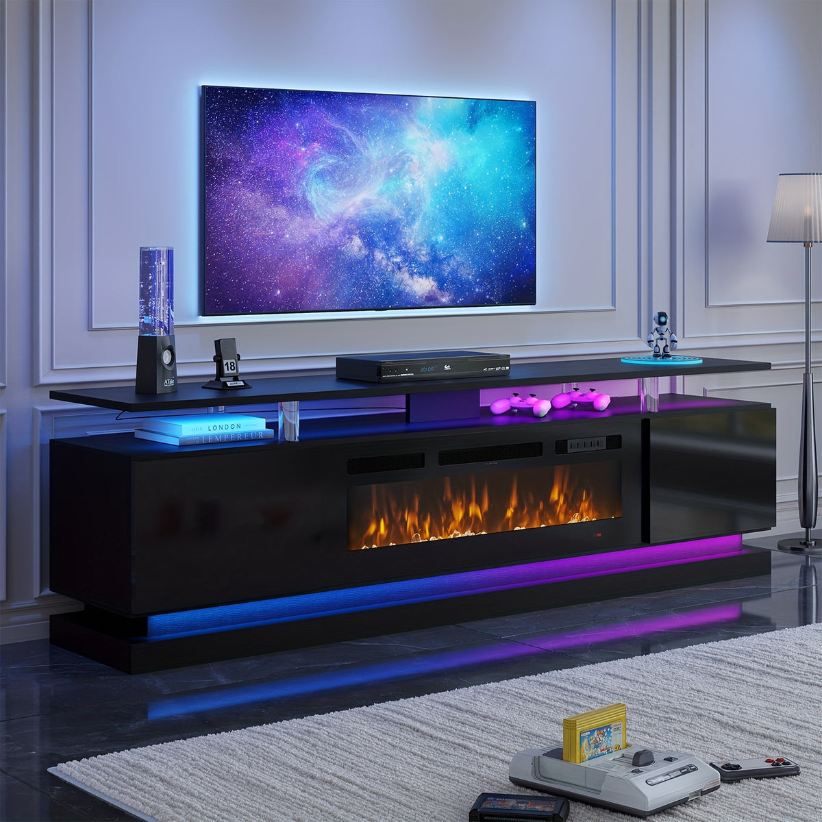 Fireplace TV Stand with 36" Fireplace, Modern High Gloss Fireplace Entertainment Center LED Lights, TV Console Cabinet for TVs Up to 80"