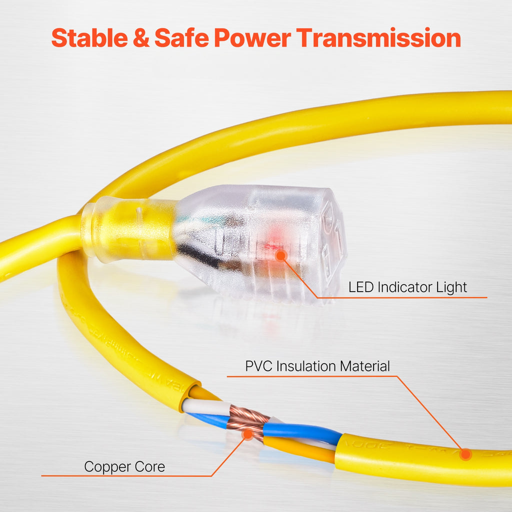 VEVOR 100FT Heavy Duty Extension Cord 16/12AWG 10/15A 1250W/1875W 3 Prongs with Lighted End
