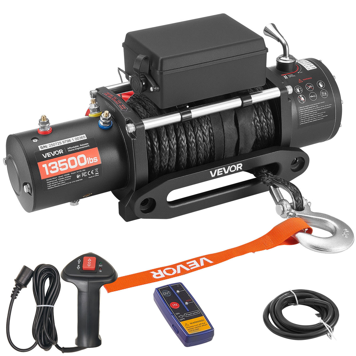 VEVOR Electric Winch, 13500 lbs Load Capacity, 12V DC Truck Winch with Φ3/8 in x 85 ft Synthetic Rope, Wireless & Wired Remote Control, Towing Off-Road SUV Jeep Trailer Boat