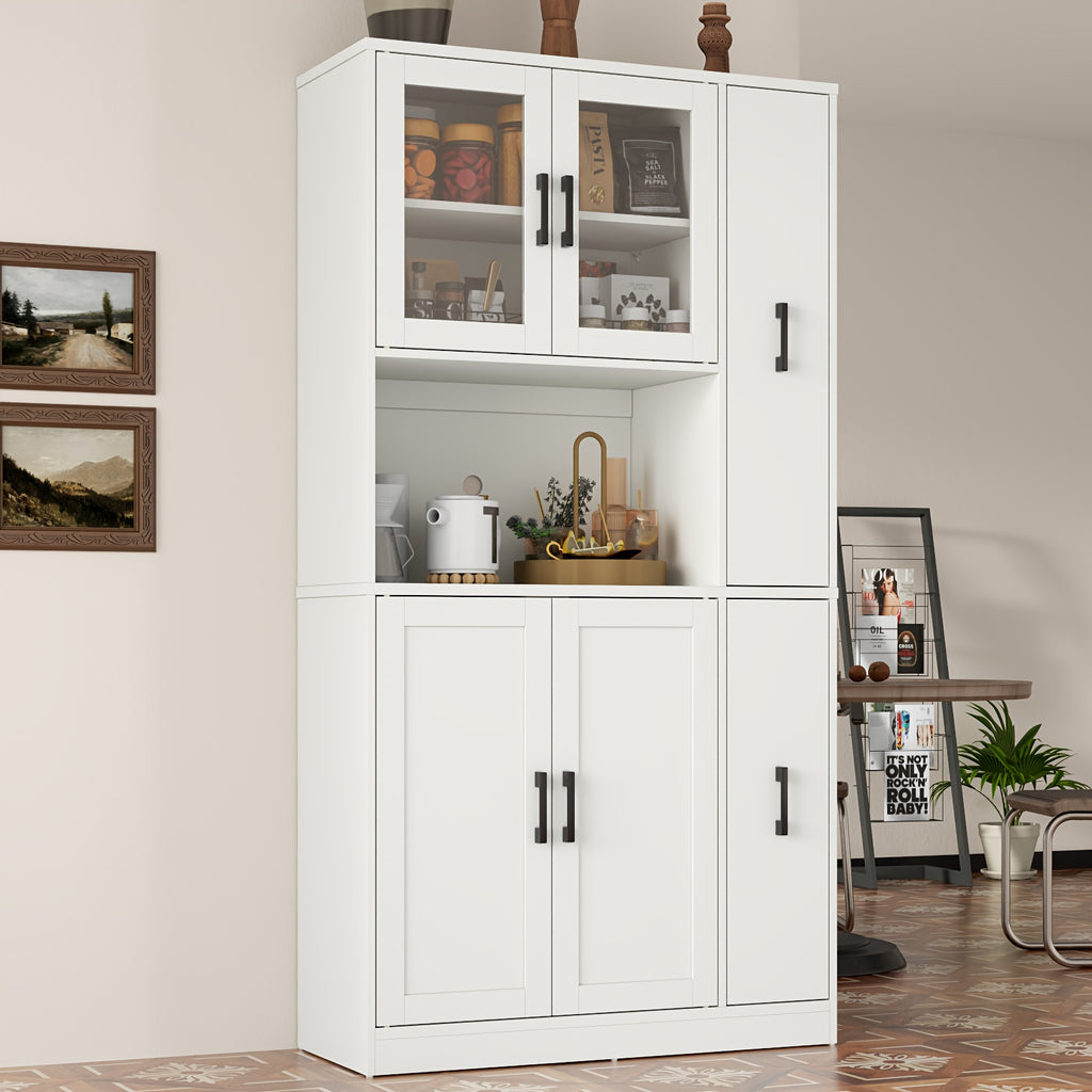 Kitchen Pantry Cabinet with Drawer, Kitchen Pantry Storage Cabinet with Glass Door, Freestanding Tall Food Hutch with Microwave Stand for Dining Room