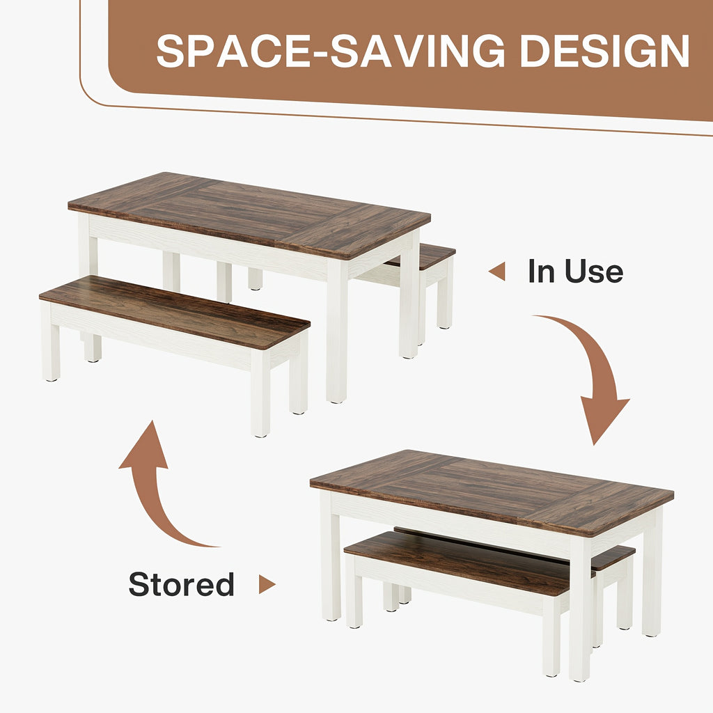 3pcs Dining Table Set with 2 Benches, 55-Inch Wood Kitchen Table Set for 4-6, Farmhouse Space-Saving Dinette for Kitchen, Dining Room