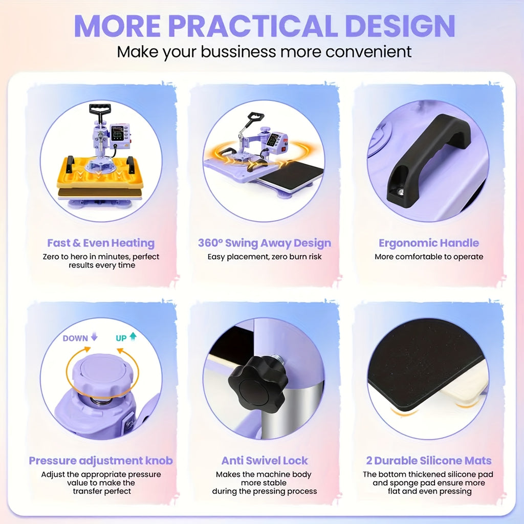 15"x15"/15"x12" - 8-in-1/ 5-in-1 Heat Press Machine Combo, Rotatable Design, Multi-Size Transfer Professional Sublimation Combination, Suitable for T-shirts, Bags, Pillows, Hats, Beanies, Roller - 3in 1 Auto Hat Press Can Only Press Hats