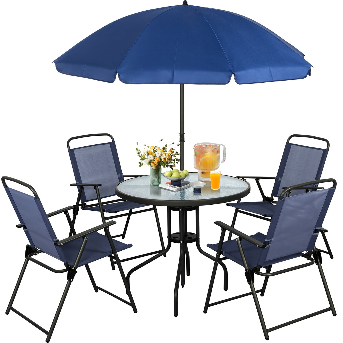 JY QAQA 6pcs Folding Patio Dining Set, All-Weather Small Metal Outdoor Table And Chair Set, Garden Patio Furniture Set W/Umbrella, Glass Table And 4 Folding Chairs for Lawn, Deck, Backyard