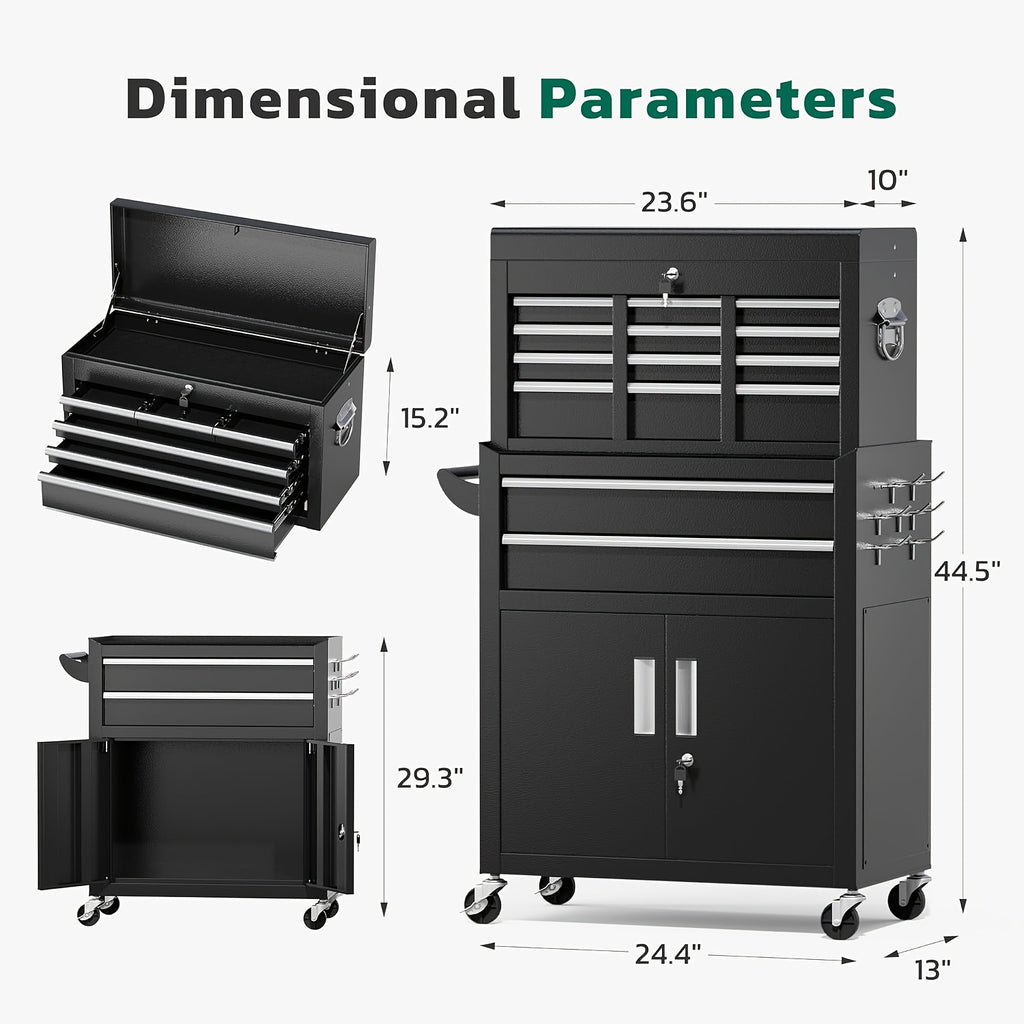 Rolling Tool Chest with Wheels, 8 Drawer High Capacity, 2-in-1 Detachable Steel Toolchest Organizer Combo for Garage, Workstation, Barbershop(Black)
