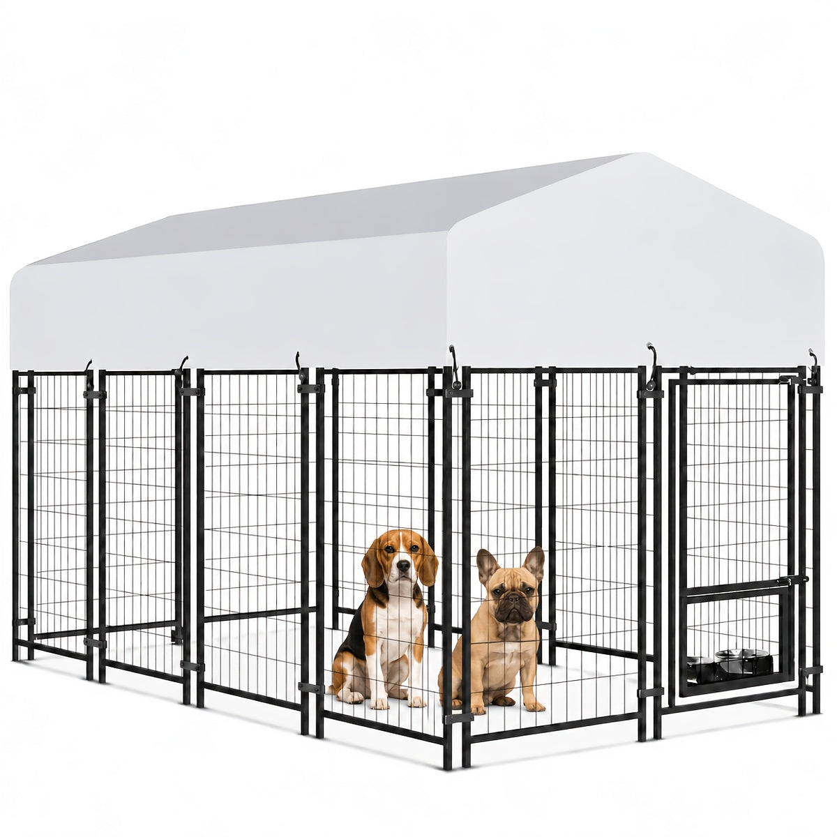 [Heavy Duty Dog Kennel] SNDM 7.8*4.3*5ft Dog Kennel Outdoor, Heavy Duty Welded Wire Steel Dog Kennels With Secure Lock For Outside, Dog Pen With Roof Cover And 2 Rotating Dog Bowls