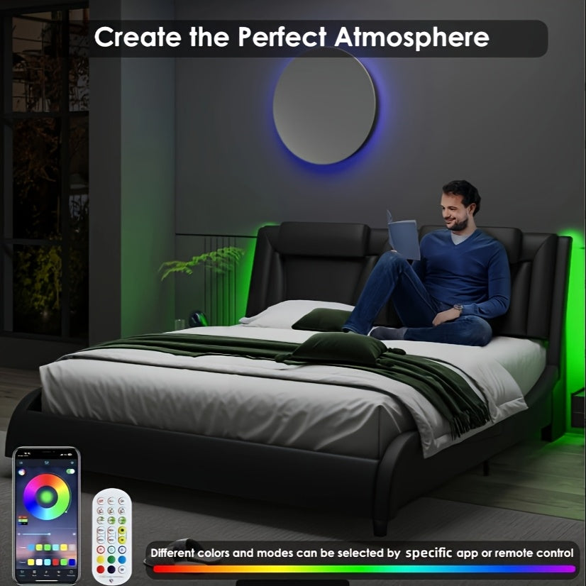 Upholstered Bed Frame Available in Full, Queen, And King Sizes Featuring an Adjustable Headboard, a Wavy Design, a Removable Backrest, And Solid Wooden Slats for Support, Eliminating The Need for a Box Spring, Offered in Faux Leather in White