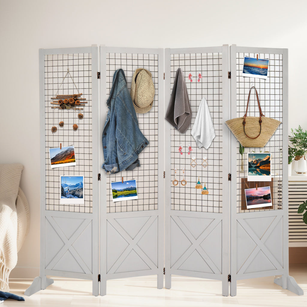 VINGLI Room Divider Freestanding Grid Wall, 4 Panel Folding Display Board Organizer with Base Feet, Decorative Wooden Frame Wire Grid Screens for Craft Shows Events Retail