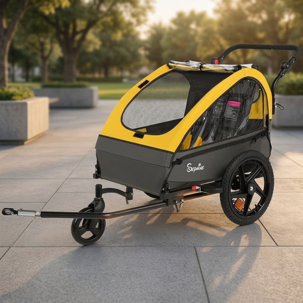 MOJAY Bike Trailer for Kids, 2in 1 Canopy Carrier Converts to Stroller Suitable for 1 to 2 Kids, 12+ Months, Quick Attach to Bike, Foldable, with 5-Point Harness And Storage Bags
