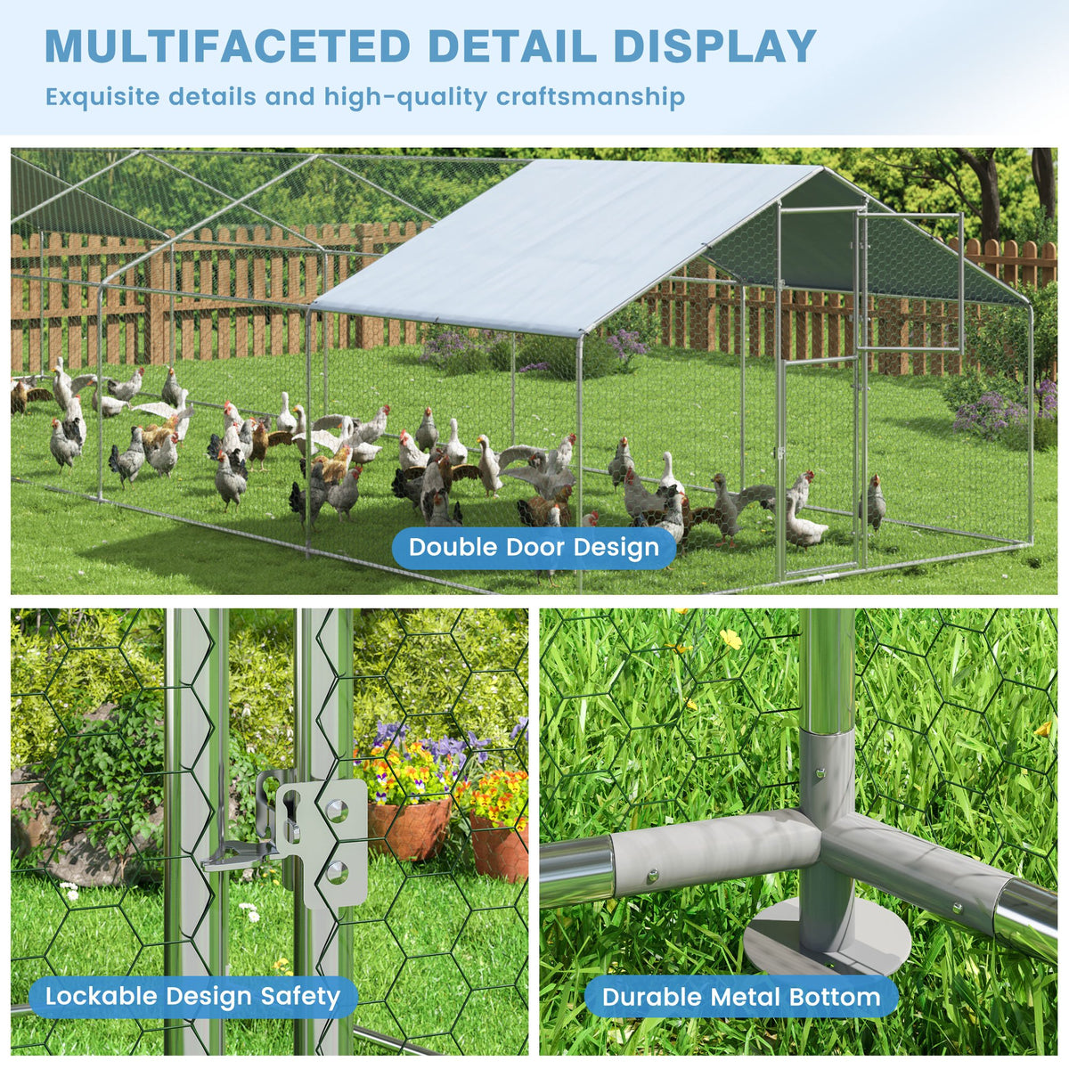 Walk-In Chicken Run with Feeding Port and UV-Resistant Cover, Galvanized Outdoor Poultry Enclosure