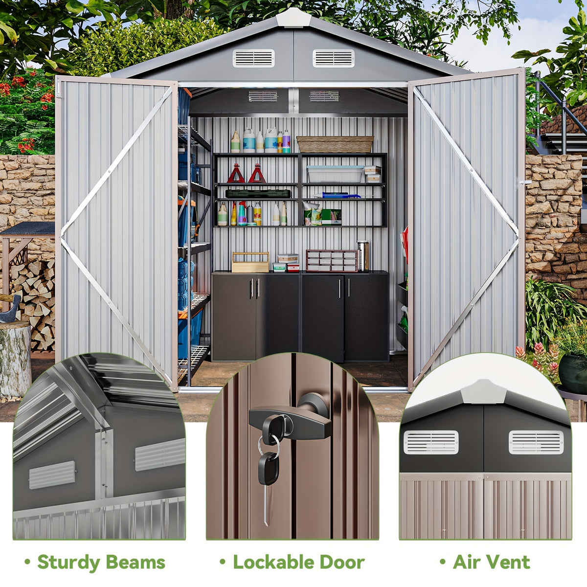 6X4 FT Outdoor Storage Shed, Metal Garden Shed with Lockable Doors, Sloping Roof, Ideal for Backyard, Patio, Poolside - Plastic, Tool, And Small Shed for Outdoor Storage