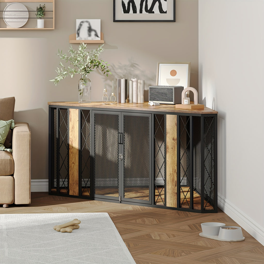 66 Inch Heavy-Duty Large Corner Dog Crate - XL Wood Kennel Cage with Double Doors & Lockable Panels, Spacious Multi-Section Furniture Pet Enclosure for Dogs (Great Danes, Mastiffs) - Sturdy Modern Design /Outdoor Use