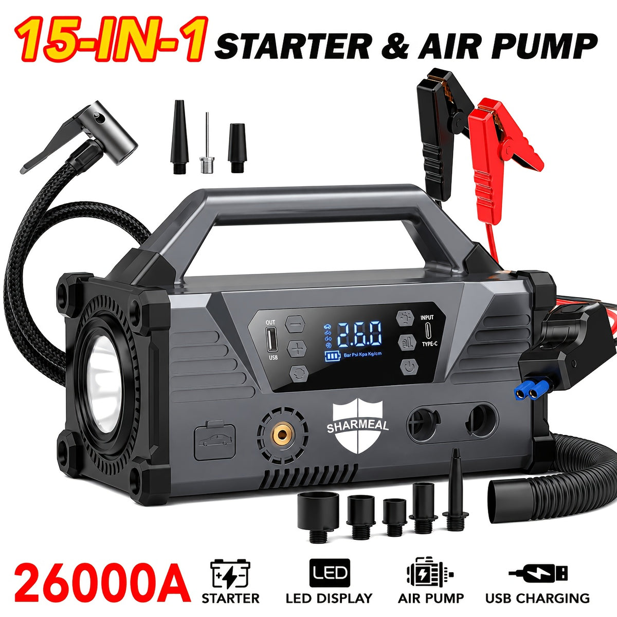 15-in-1 Jump Starter with Air Compressor 26000A 160PSI 30W Charging, Portable Car Battery Jump Starter (All Gas/All Diesel) Jump Box Car Battery Jumper Starter Portable Jumper Cables, LED Lights, Battery Chargers, Winter Essentials, Holiday Gifts.