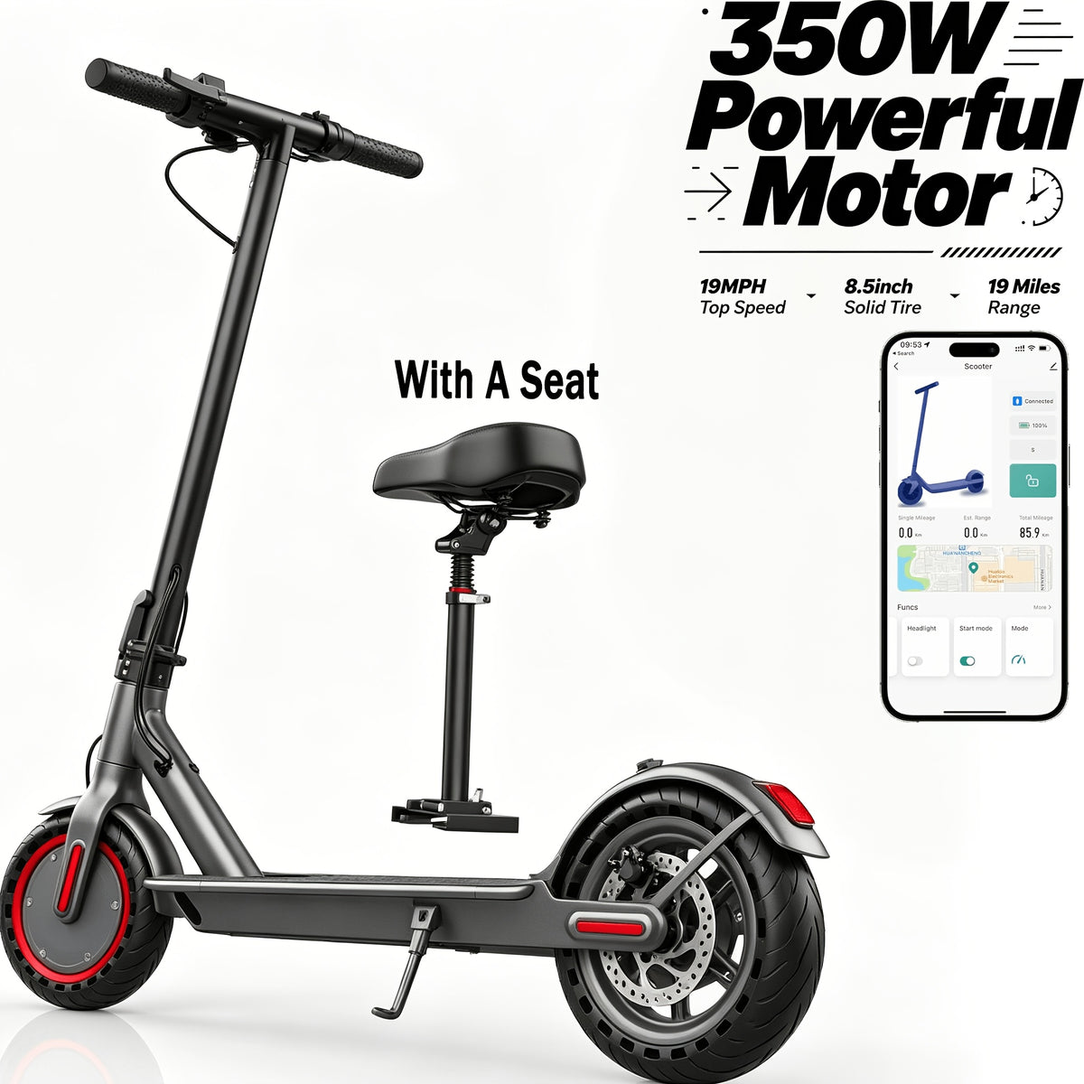 Adult Electric Scooter, Quick-Fold 350W Commuter with 19 MPH Top Speed and App Control for City Travel