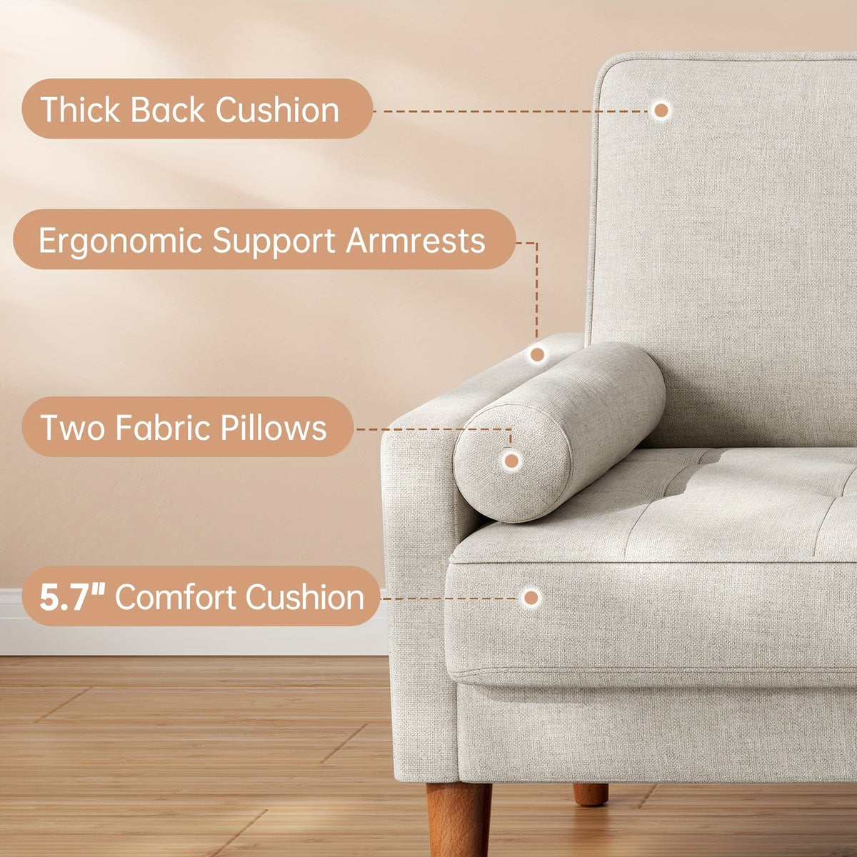 Vesgantti 48" Mid-Century Modern Loveseat Sofa - Ideal for Compact Areas, Suitable for Living Room Or Bedroom | Detachable Cover, Spring Cushions, Sturdy Wooden Frame | to Assemble