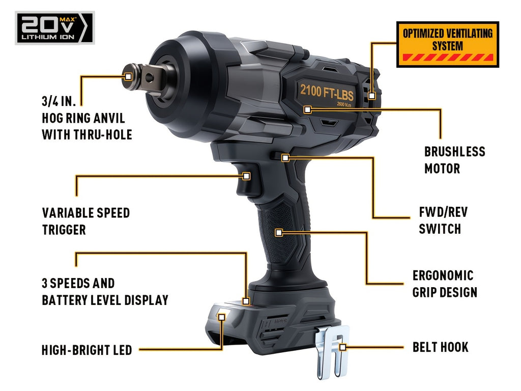1700/2100 Ft-Lbs Cordless Impact Wrench, 3/4 Inch Electric Impact Gun, Compatible with Dewalt 20V MAX Battery, Brushless Constant High Torque Impact Driver with 3 Speed, Tool Solely (No Battery Included)