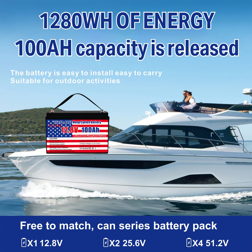 12v 100Ah LiFePO4 Battery Deep Cycle Battery 8000+ Cycles 100A BMS Rechargeable Lithium Iron Phosphate Battery Low-Temp Protection, For RV Marine And Home Energy Storage