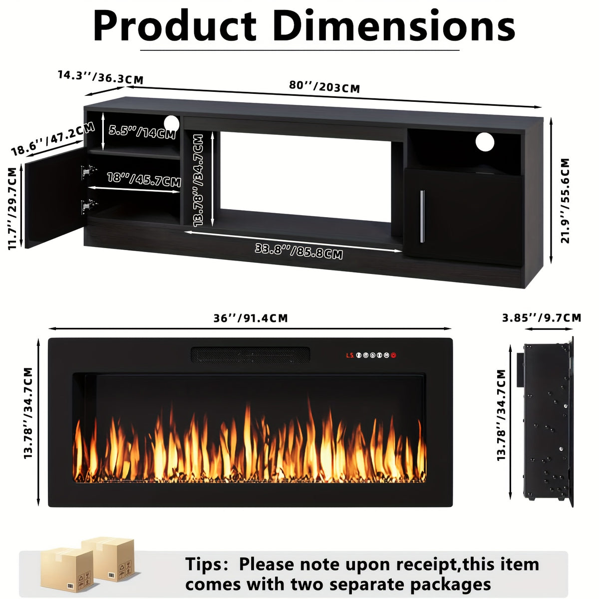 80" TV Stand Fireplace with 36" inch Electric Fireplace Up to 90" TVs, LED Light Entertainment Center, 80" Modern Wood High Gloss with Highlight Storage Cabinet for Living Room