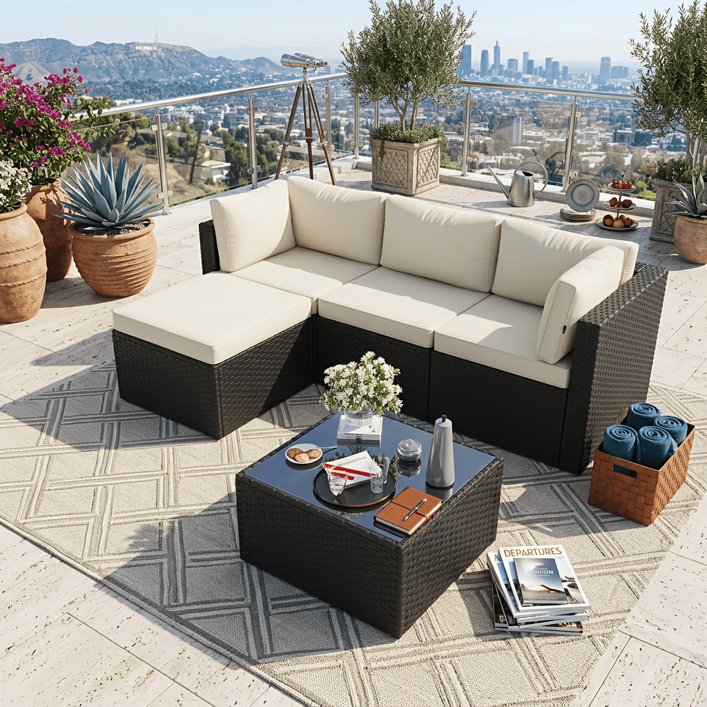 Discount! 5/6pcs L-Shaped Rattan Patio Sofa Set with Cushions, Glass Coffee Table & Ottoman, Perfect for Patio, Backyard, Garden, Balcony, Terrace, Poolside, Porch, Villa Outdoor Areas, Homestays, And Restaurant Outdoor Lounges