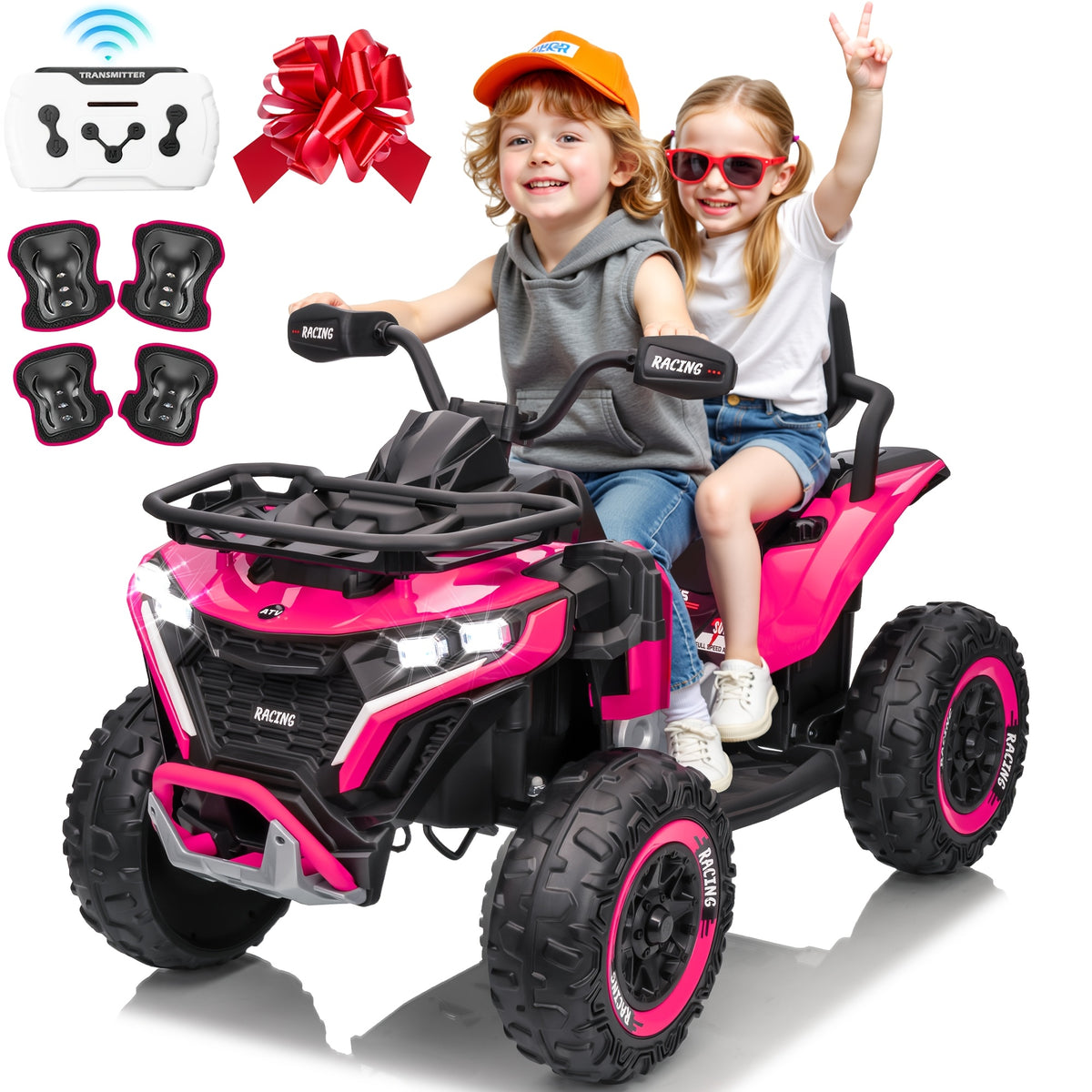 24V Electric Kids ATV Quad, 4WD Off-Road Vehicle, 2-Seater with Leather Seats And Knee Pads, Ride-On for Boys And Girls (/Red//Black) - Ideal Birthday/Christmas/Halloween Gift, 3 Speeds, Remote Control Design