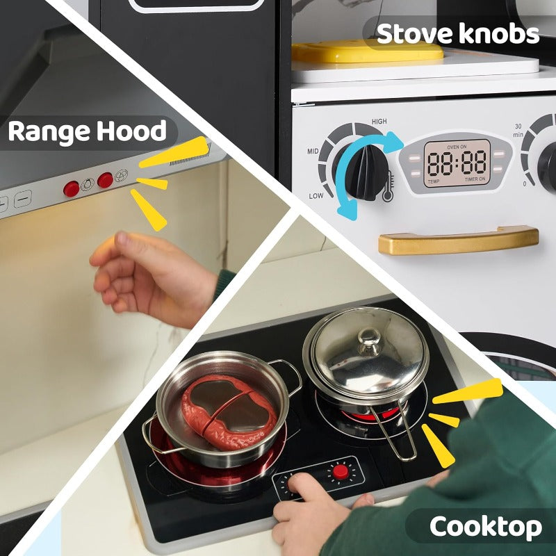 SYNCFUN Wooden Corner Kitchen for Playset with Fake Food Toys, Real Lights And Sounds, Double-Door Fridge, Ice Maker And Cookware Additions, Play Kitchen Set for Kids, Multi-Item Party Favor Packs for Children