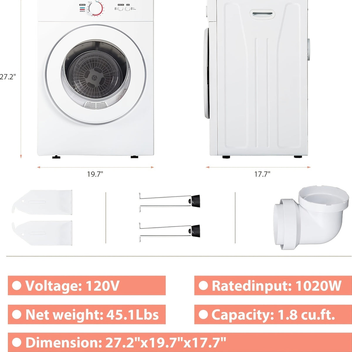 120V Portable Clothes Dryer 850W Compact Laundry Dryers 1.5/1.6/1.8/2.85 Cu.Ft Front Load Stainless Steel Electric Dryers Machine with Stainless Steel Tub for Apartment, Rvs, Dorms, White, Easy to Control