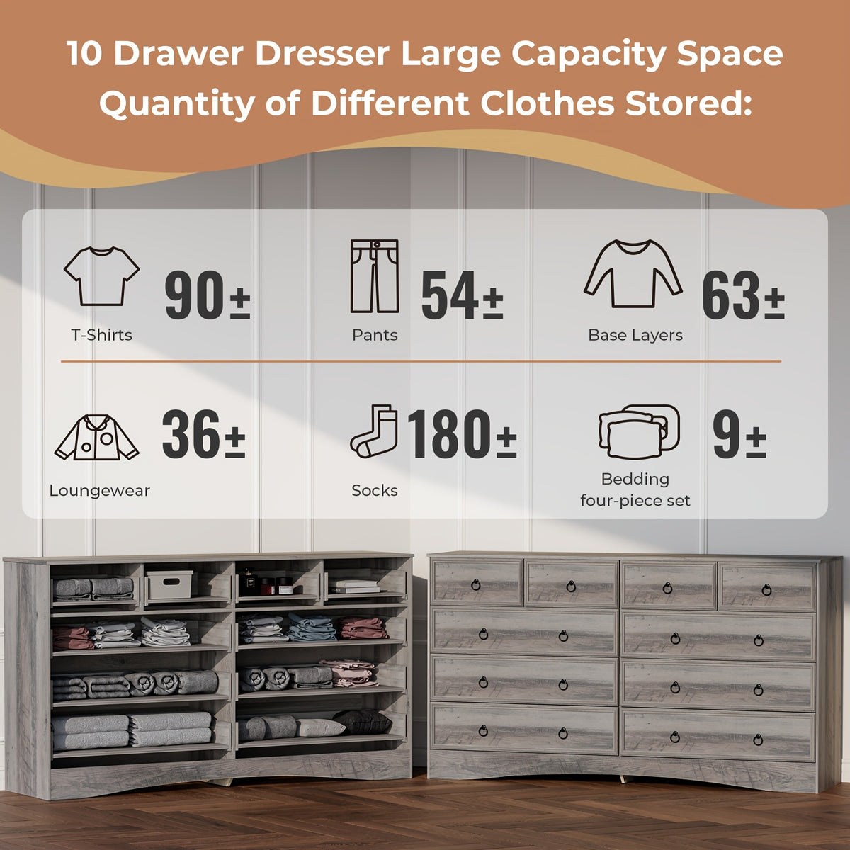 Prompt Taupe Grey/ Cherry Dresser For Bedroom, 10 Drawer Dresser, Modern Large Floor Storage Cabinet With Metal Sliding Rail, Vintage Handle Drawer Cabinet, Large Capacity Vertical Dressers For Home & Office