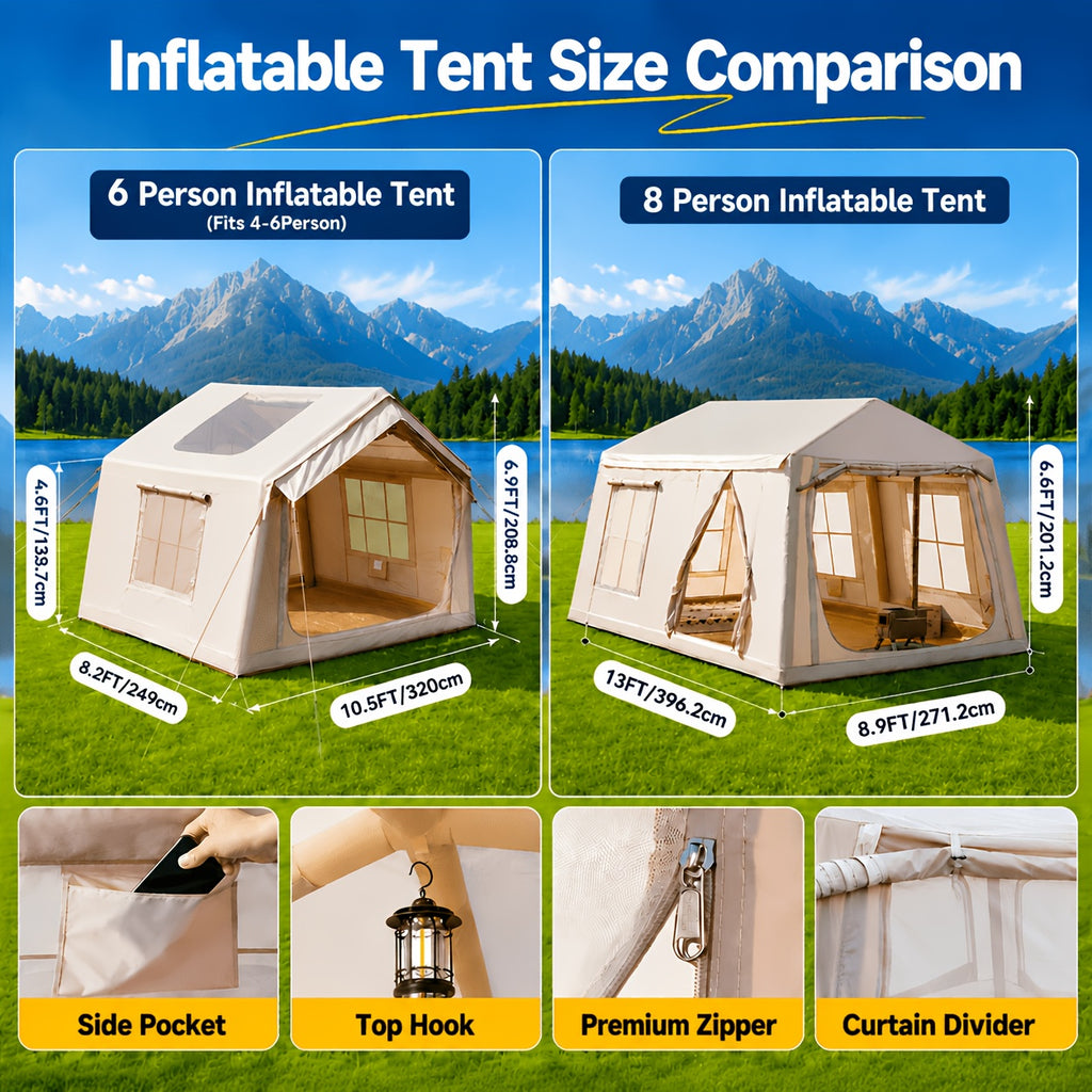 LILYPELLE 6-12 Person Ridge-Style Inflatable Camping Tent with Manual Pump, Large Mesh Windows And Curtain Divider, Four-Season Use, Easy Setup, Ideal for Groups And Families