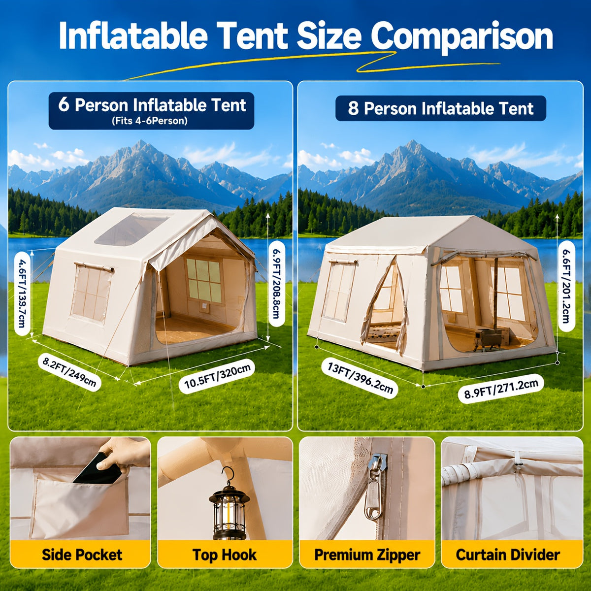 LILYPELLE 6-12 Person Ridge-Style Inflatable Camping Tent with Manual Pump, Large Mesh Windows And Curtain Divider, Four-Season Use, Easy Setup, Ideal for Groups And Families