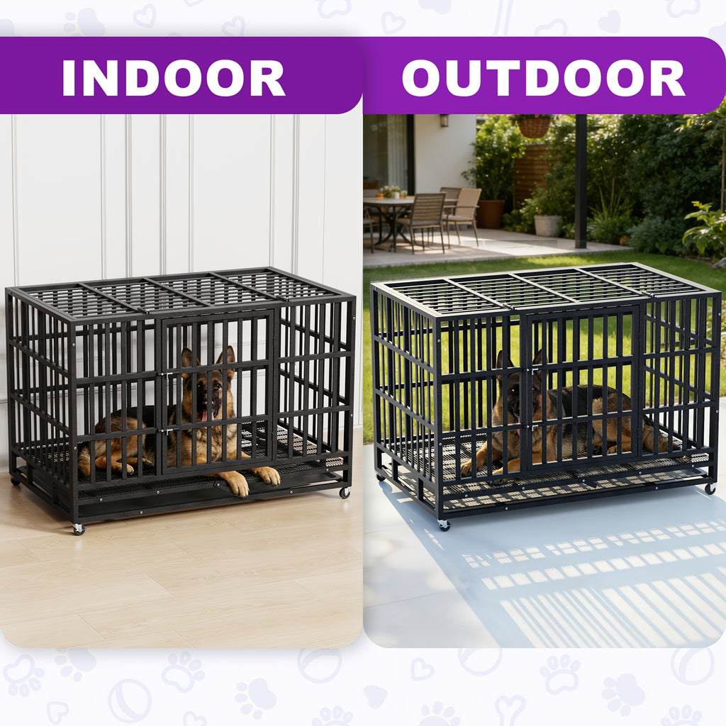 48inch Extra Large XXL Heavy-Duty Dog Crate - Double Door, Escape-Proof, Wheels, Removable Tray - Easy Cleaning Design For Large Breeds